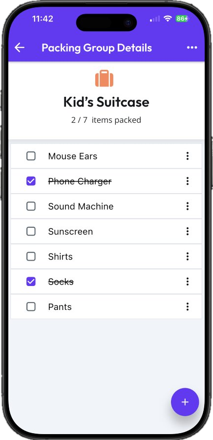 Packing Group Details screen showing a checklist with items being packed