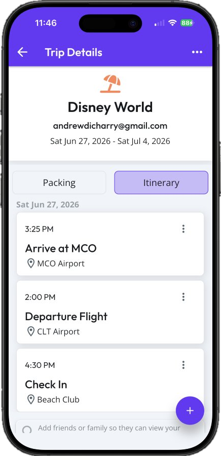 Trip Details Itinerary tab showing flight, arrival, and check-in times for a Disney World trip