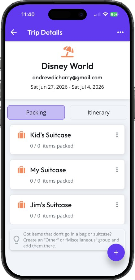 Trip Details screen showing packing groups for Kid's Suitcase, My Suitcase, and Jim's Suitcase