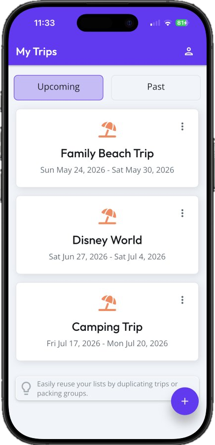 Soupcase My Trips screen showing Family Beach Trip, Disney World, and Camping Trip